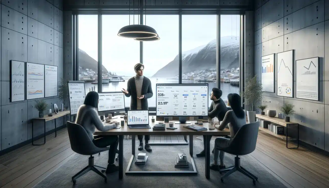 A norwegian seo consultant explains data driven strategy to a business team in a modern office