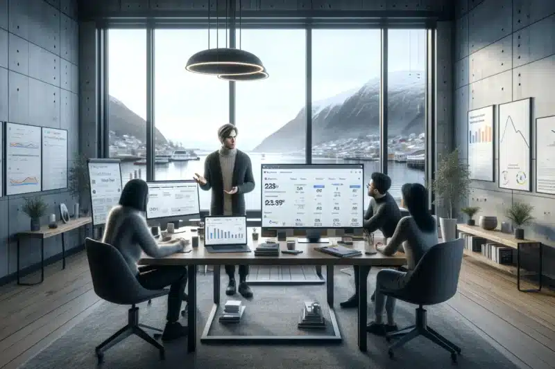 A norwegian seo consultant explains data driven strategy to a business team in a modern office