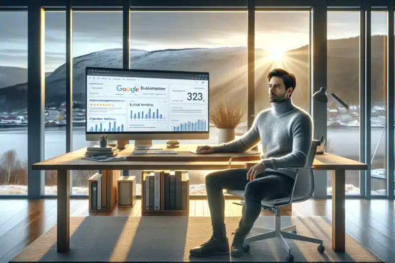 Norwegian marketer analyzing star rated user reviews to improve seo performance on screen