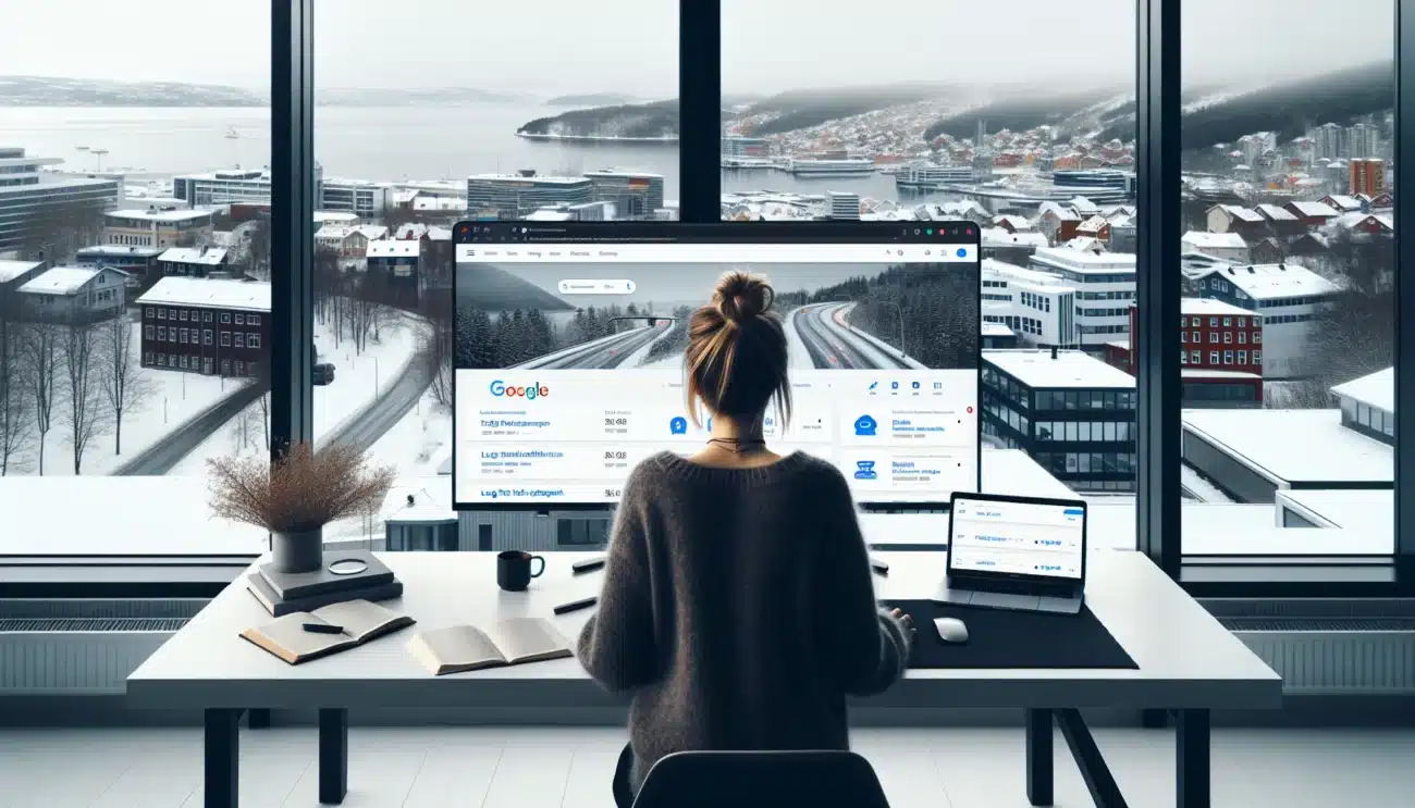 Norwegian marketer analyzing user generated reviews and seo results on screens in modern office