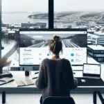 Norwegian marketer analyzing user generated reviews and seo results on screens in modern office