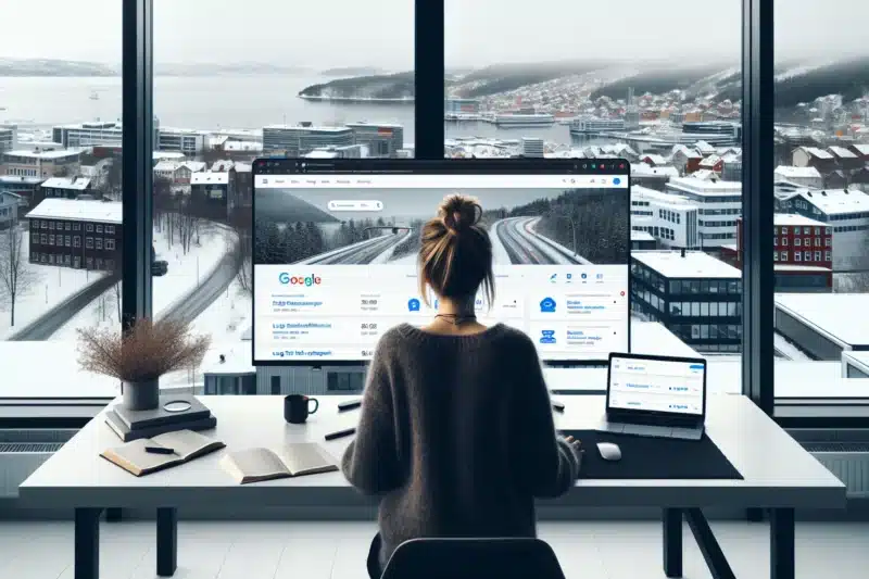 Norwegian marketer analyzing user generated reviews and seo results on screens in modern office