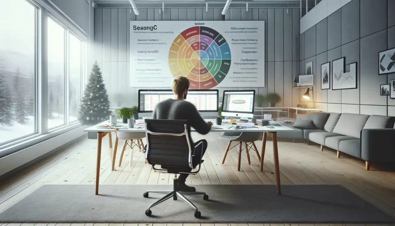 Norwegian marketer planning seasonal seo strategy on screens with data and year wheel