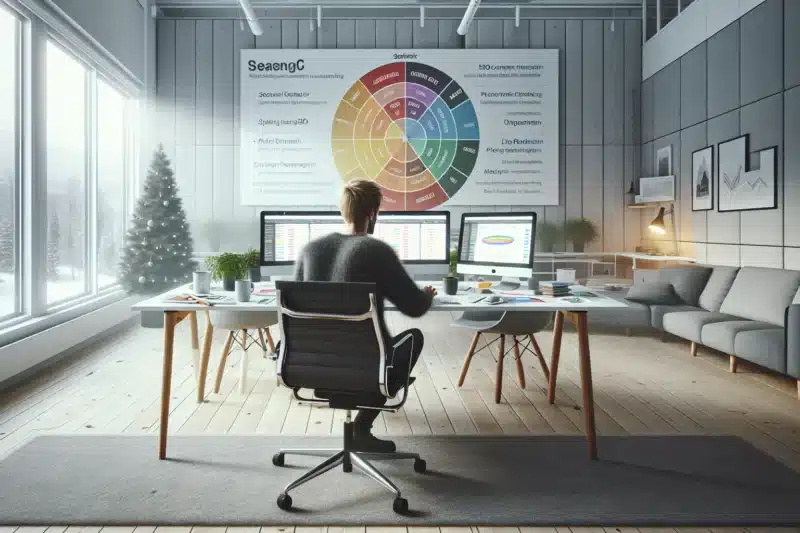 Norwegian marketer planning seasonal seo strategy on screens with data and year wheel