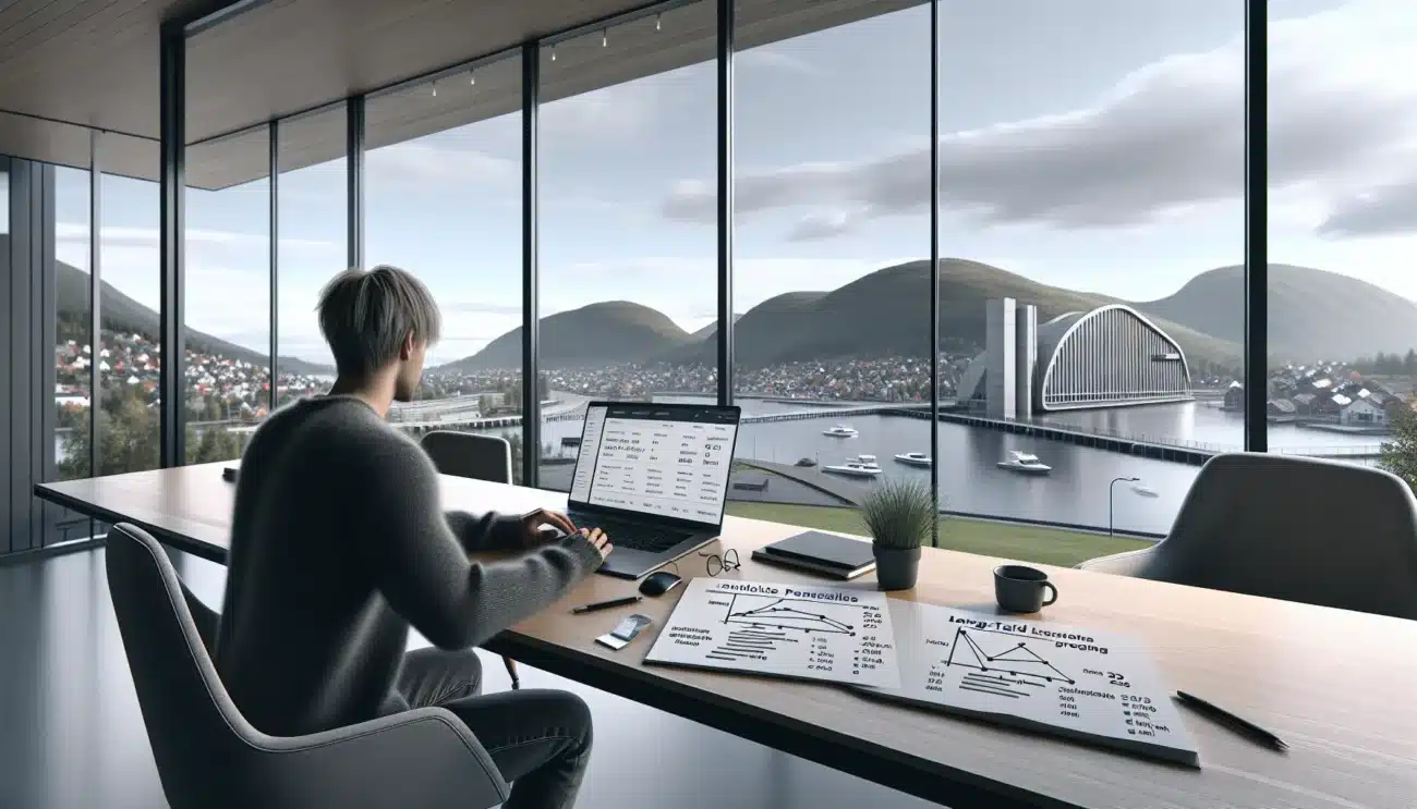 Norwegian marketer planning seo for a niche market at a modern office desk