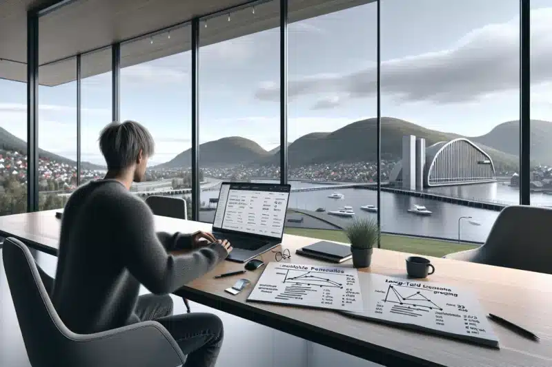 Norwegian marketer planning seo for a niche market at a modern office desk