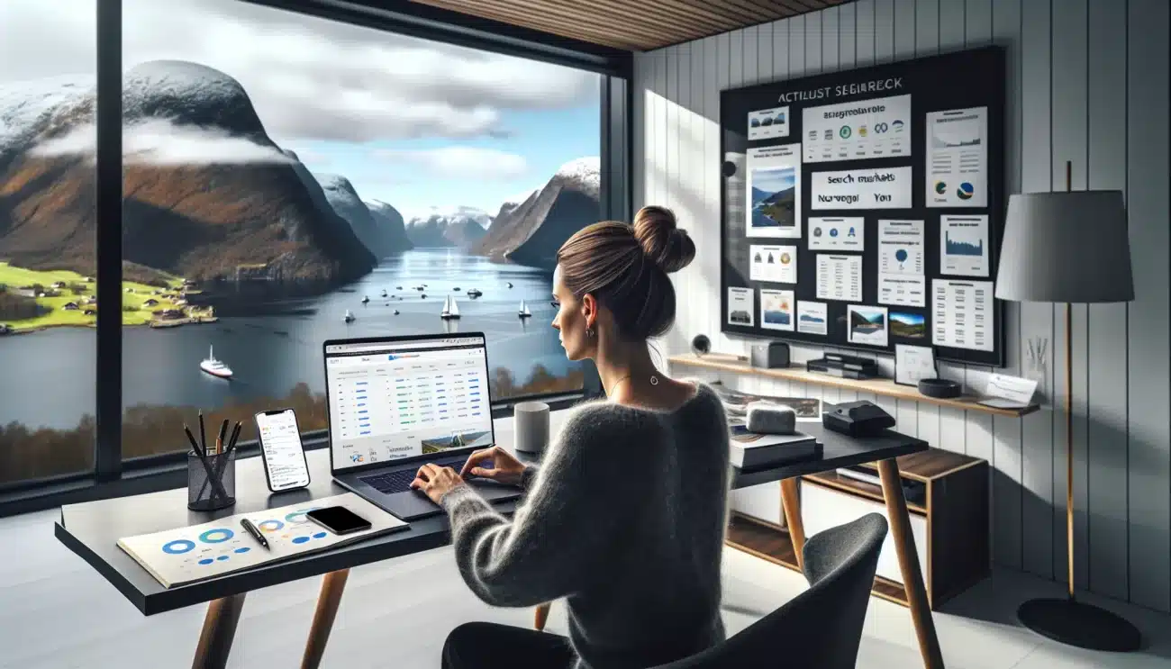 Norwegian marketer plans seo strategy for travel website with fjord view outside