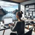 Norwegian marketer plans seo strategy for travel website with fjord view outside