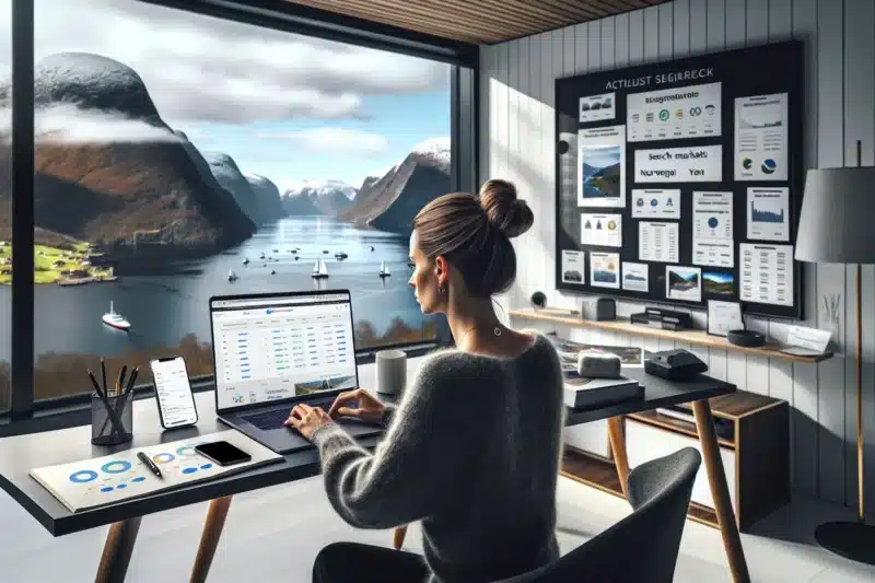 Norwegian marketer plans seo strategy for travel website with fjord view outside