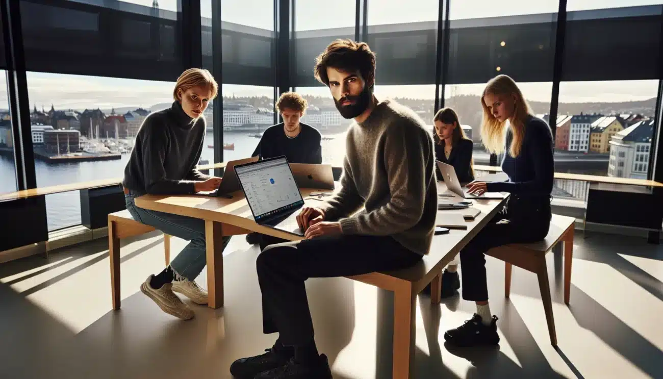 Norwegian startup team planning seo strategy around laptops and whiteboard in oslo office