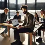 Norwegian startup team planning seo strategy around laptops and whiteboard in oslo office