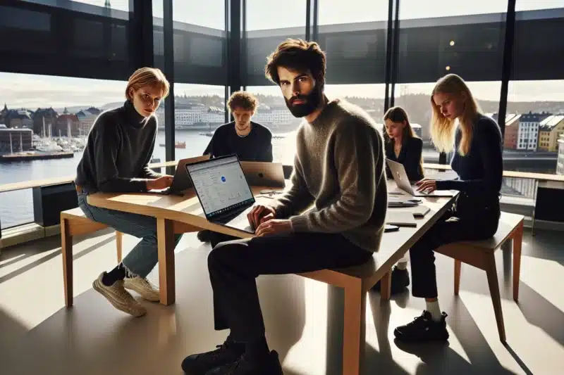 Norwegian startup team planning seo strategy around laptops and whiteboard in oslo office