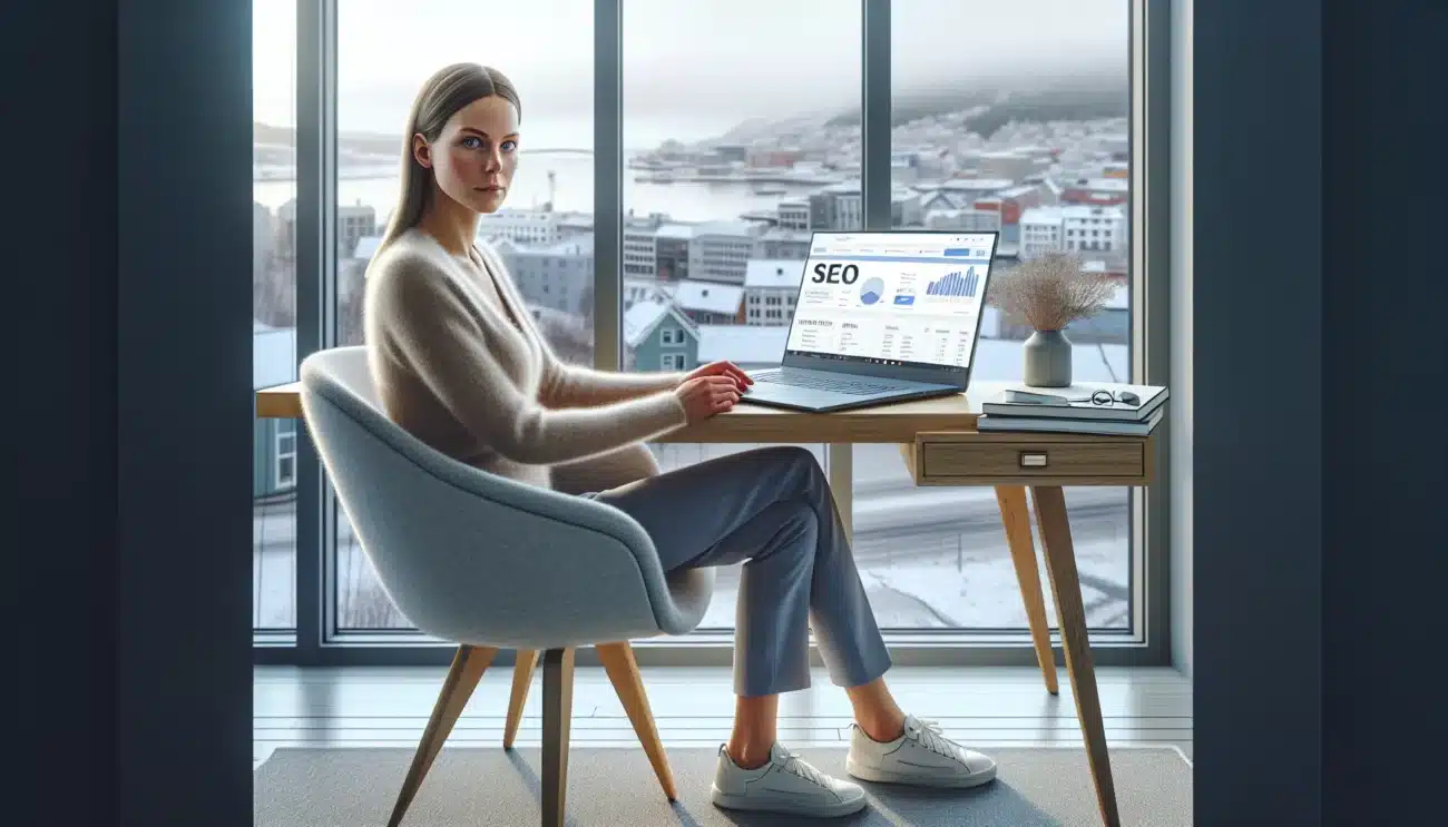 Norwegian wellness clinic owner planning seo strategy on laptop in bright office