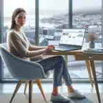 Norwegian wellness clinic owner planning seo strategy on laptop in bright office