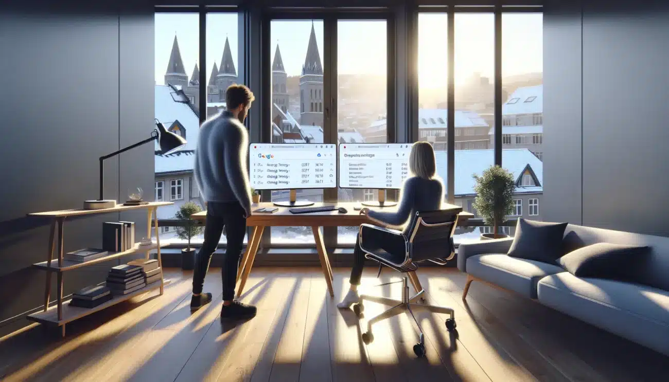 Two norwegian marketers plan combined seo and paid search strategy in a modern office