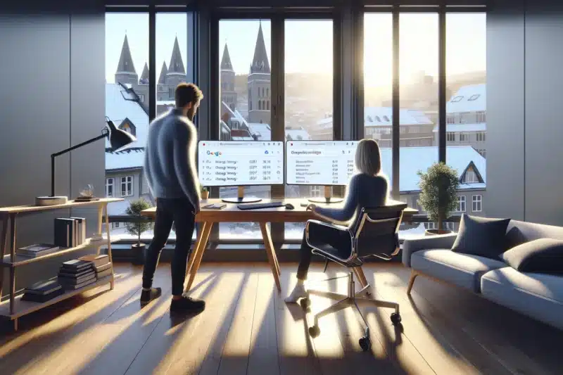 Two norwegian marketers plan combined seo and paid search strategy in a modern office