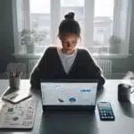 Young woman in a norwegian office learning digital marketing on her laptop