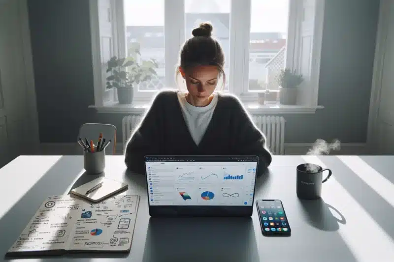 Young woman in a norwegian office learning digital marketing on her laptop